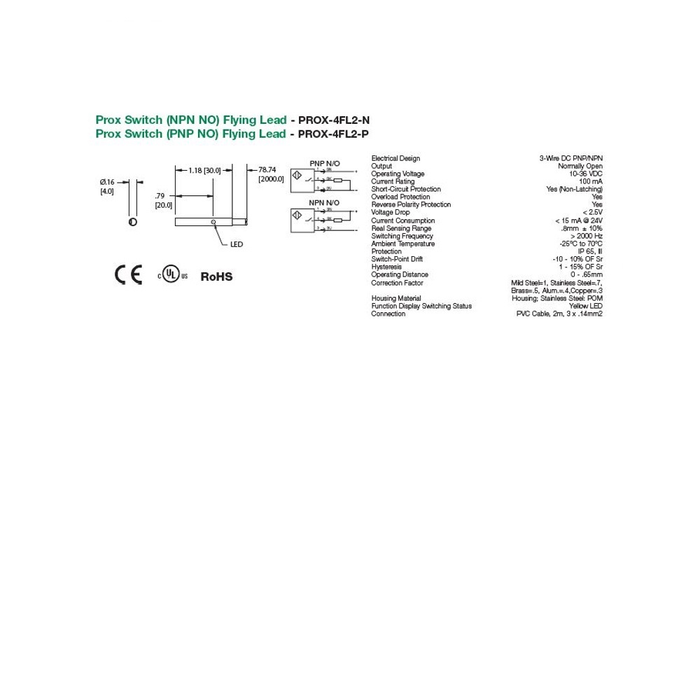 PROX-4FL2-P NUMATICS/AVENTICS CYLINDER SWITCH PROX, PNP 10-30VDC, LED, 2M LEAD